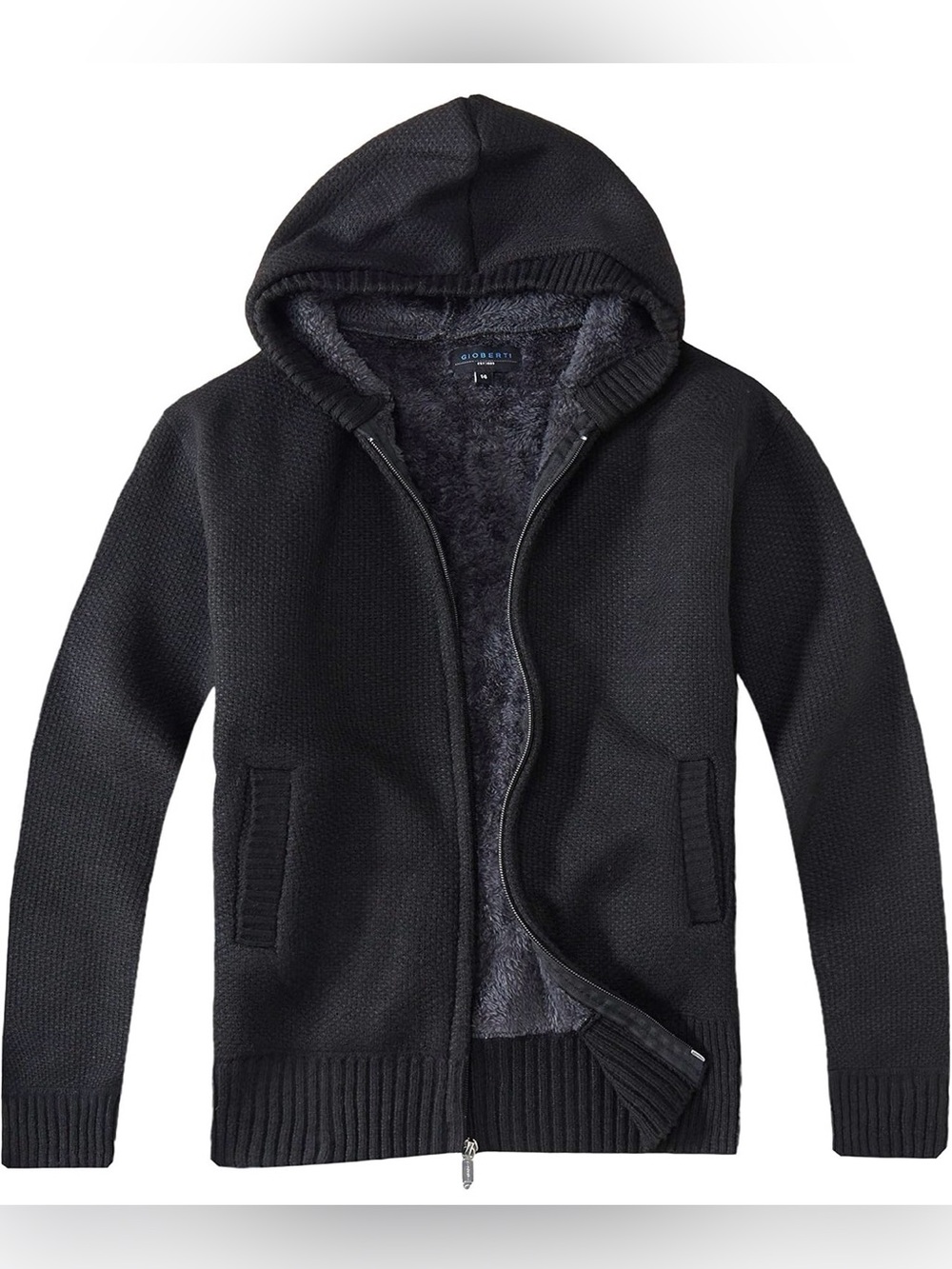 Gioberti Boy's Full Zip Knitted Cardigan Sweater with Hoody and Sherpa Lining